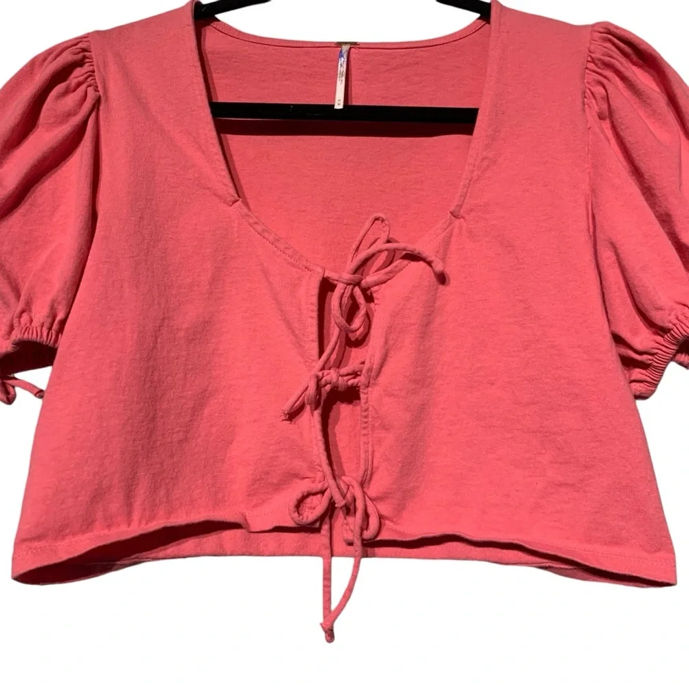 Free People Kitty Tie Front‎ Crop Top Puff Sleeve Pink Romantic M